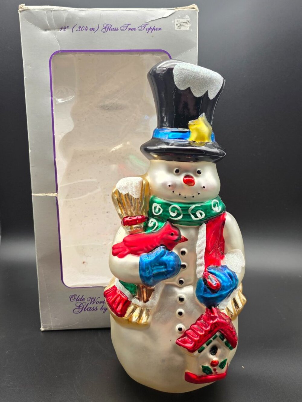 Old World Snowman Christmas Tree Snow man Topper Box Glass Mercury